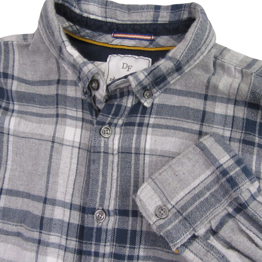 Denim & Flower Mens Button Down Flannel Shirt‎ L Gray Blue Plaid Slim Fit